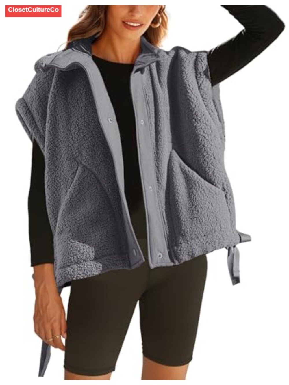 Sleeveless Sherpa Fleece Vest Button Front Loose Fit Women's Outerwear